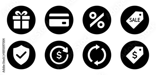 Payment and pricing UI icon set. ecommerce and sopping icons with gift, credit card, discount percent, sale tag, secure payment, subscription and price label symbols for web and app
