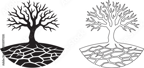 dry cracked earth with dead tree icon  vector