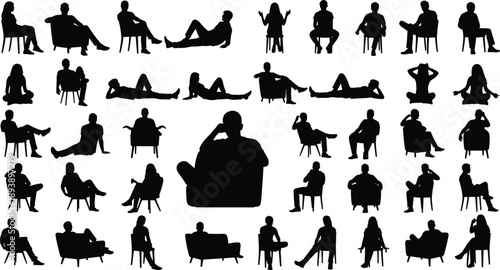 Seated and reclining pose silhouette vector set, black white posture clipart, human gesture illustration bundle, body language design