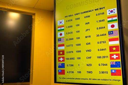 A digital currency exchange rate board displaying foreign exchange buy and sell rates for multiple international currencies at Airport.