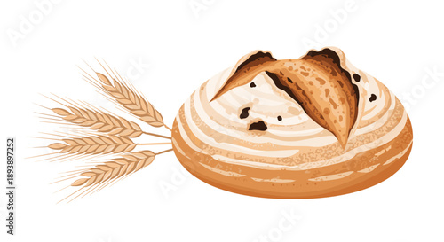 Freshly Baked Sourdough Bread Loaf with Wheat Stalks Bakery and Artisan Food Illustration