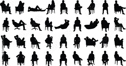 Seated and reclining silhouette vector set, black white posture clipart, human gesture illustration, ergonomic pose design bundle