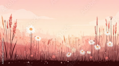 Spring meadow themed seamless floral pattern, flat illustration style, white wildflowers scattered densely with pastel centers, crisp green foliage, light pink backdrop, soft playful spring atmosphere