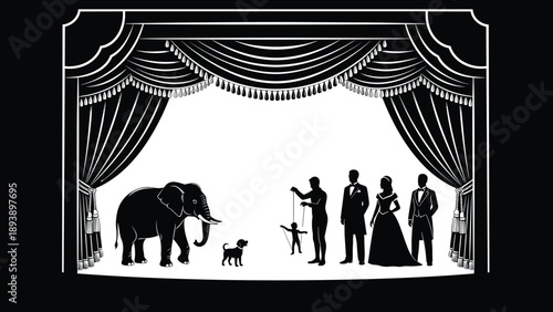 Theatrical stage silhouette vector scene, black white performance clipart, circus puppetry and formal figures artwork
