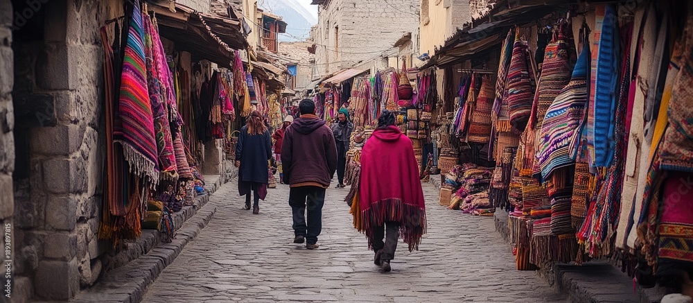Obraz premium Vibrant Cobblestone Market Alley: Colorful Handwoven Textiles & Shoppers in Traditional Mountain Town