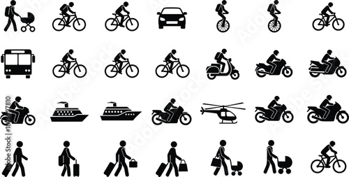 Transportation and travel silhouette vector set, black white mobility clipart, vehicle and activity icons, commuting design bundle