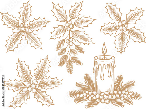 Holly Leaves Candle Holiday Line Art Illustration.