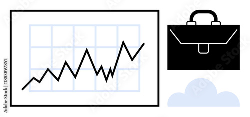 Business growth, financial success, planning, professional tools, market analysis, strategic goals. Chart with upward trend, black briefcase and cloud symbol. Business growth and financial success