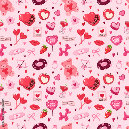 Romantic Valentine Pattern With Hearts, Bears, Balloons, And Candies On Pink Background