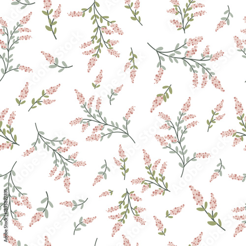 Seamless pattern with flowers. A branch with flowers and leaves. Surface design for gift paper, wallpaper, web page background, greeting cards, textile. Pink flower