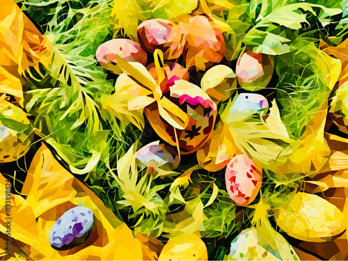 Easter eggs painted and decorated with ribbons lying amidst yellow feather, green leaves and grass on golden fabric; low poly vector illustration for holiday designs, greeting cards, invitations