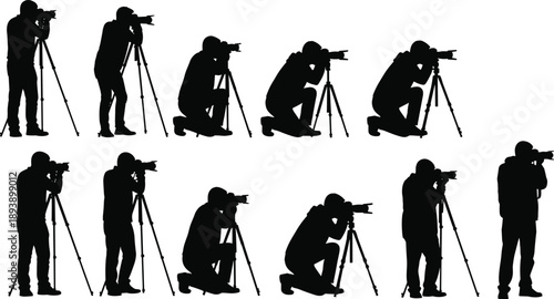 Collection, of, black, silhouettes, featuring, professional, photographers, using, cameras, and, tripods, in, standing, and, kneeling, poses, for, media, and, journalism.