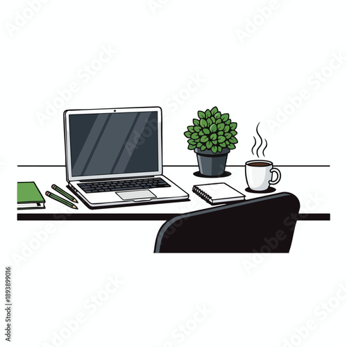 Modern Home Office Workspace with Laptop and Coffee