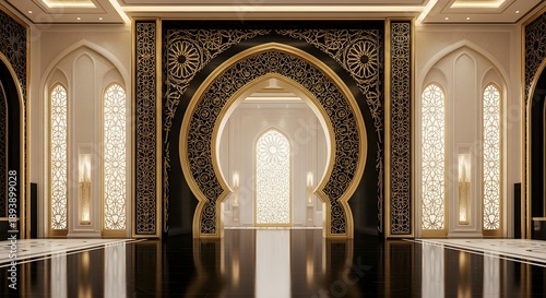 Luxurious Arabic Style Interior with Golden Arch and Ornate Patterns