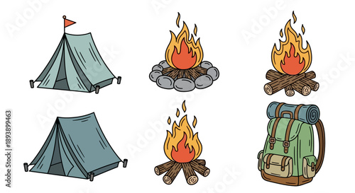 Camping gear and campfire illustrations for outdoor adventure.