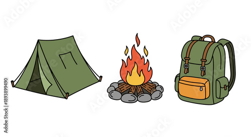 Camping gear including a tent, campfire, and backpack.