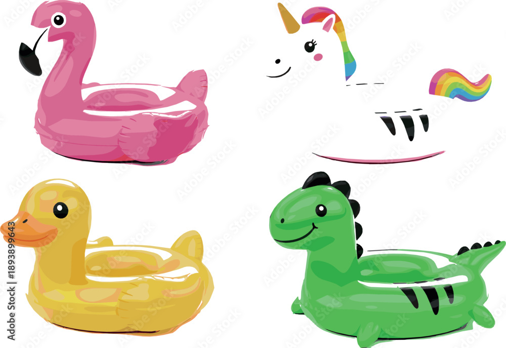 Fototapeta premium Cute inflatable pool float vector set with flamingo, duck, unicorn, and dinosaur floaties for summer, beach, and vacation designs