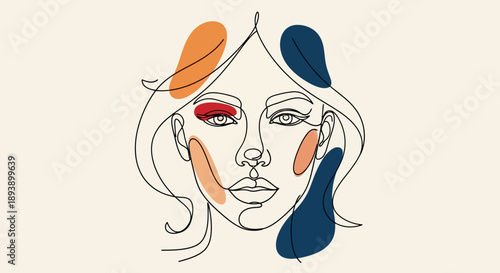 Abstract Line Art Portrait of a Woman with Colorful Shapes.