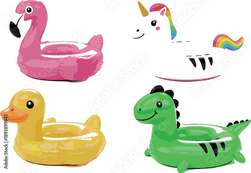 Cute inflatable pool float vector set with flamingo, duck, unicorn, and dinosaur floaties for summer, beach, and vacation designs