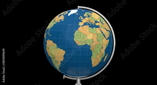 A detailed globe showing continents and oceans against a black background.