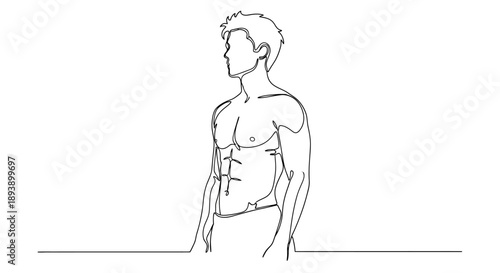 Athletic man with defined abs drawn in simple line art style.