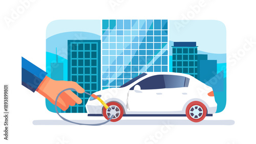 Charging an electric car at a modern corporate charging station.