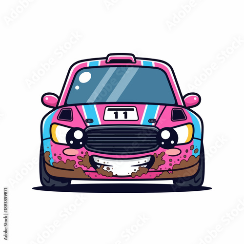 Cute cartoon rally car with big eyes and smile, covered in mud, pink and blue racing vehicle, fun children's illustration