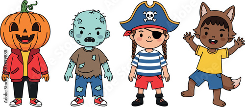 Cute kids Halloween costume vector set with pumpkin, zombie, pirate, and werewolf characters in fun spooky cartoon outfits