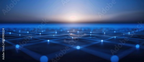 Least privilege access concept. A captivating digital landscape featuring a blue grid illuminated by glowing nodes, set against a soft gradient horizon.
