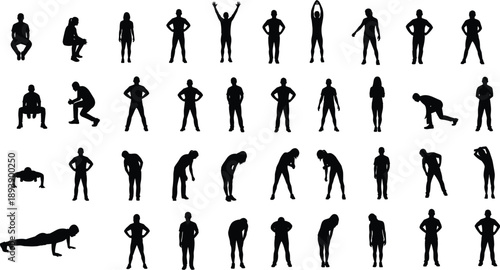 Large Collection of Fitness Exercise Silhouettes Featuring Men and Women Squatting Stretching and Doing Pushups for Gym Workout Infographics and Healthy Lifestyle Vector Design.
