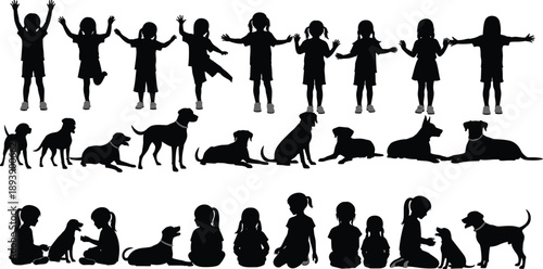 Large Collection of Children and Dogs Silhouettes Set Featuring Happy Kids Playing Jumping and Sitting with Pet Animals for Family and Childhood Designs.