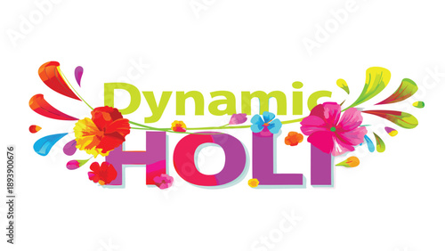 Vibrant holi celebration with colorful flowers and paint splashes on white background