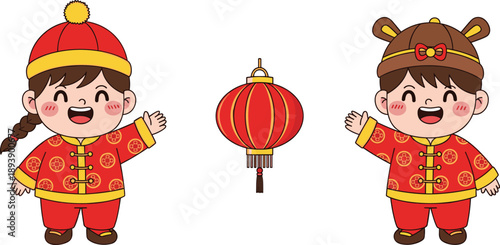 Cartoon children in traditional Chinese clothing with red lantern, festive cultural vector illustration for Lunar New Year celebration
