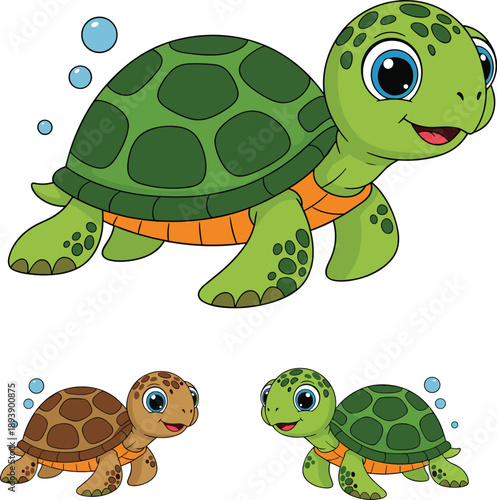 Cartoon sea turtles underwater with bubbles, cute expressive faces, green and brown shells, playful marine animals for kids content, vector illustration