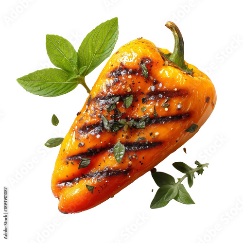 Grilled Yellow Pepper Garnished with Fresh Herbs and Seasonings on Transparent Background