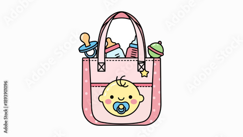 Adorable baby bag with face, pacifier, bottles and rattle, cute pink diaper bag illustration, newborn essentials, isolated on white