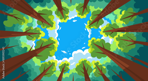 Vibrant vector illustration looking up through a dense green forest canopy towards a bright blue sky, capturing nature's serene growth perspective