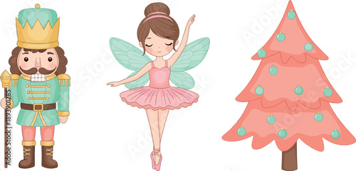 Cute Nutcracker and ballerina fairy vector set with pastel Christmas tree, holiday ballet theme, and whimsical festive cartoon illustrations