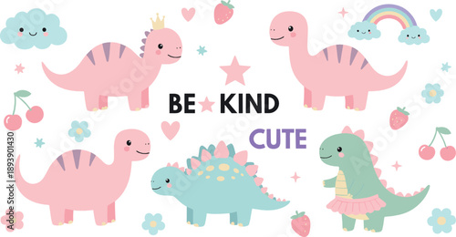 Cute pastel dinosaur vector set with baby dinos, rainbows, hearts, flowers, strawberries, and “Be Kind” typography for kids nursery designs