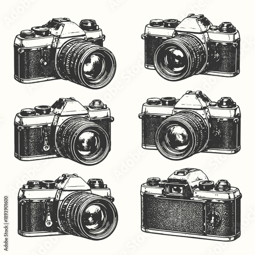 Collection of Classic Analog Film Cameras from Different Angles in Vintage Engraving Line Art Style for Photography Studio and Retro Design Vector Illustration