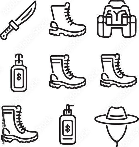 Hiking icons, trekking boots, survival knife, backpack gear, camping equipment, outdoor adventure, travel shoe, nature walk