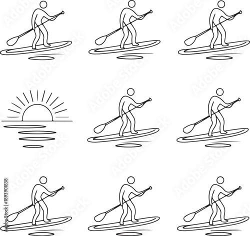 Paddle icons, stand up, water sport, surfing board, summer activity, ocean sea, beach recreation, man silhouette