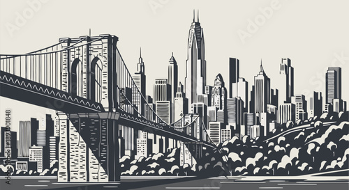 Monochrome vector illustration of an iconic suspension bridge leading to a bustling metropolitan city skyline, showcasing urban architecture