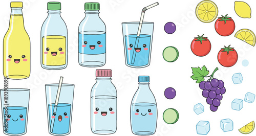 Cute refreshing drinks and fruit vector set with bottles, glasses, lemon, grapes, tomatoes, ice cubes, and kawaii beverage illustrations