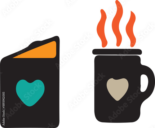 A heartwarming illustration of a book and steaming mug isolated on transparent background