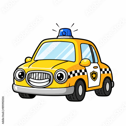 Cheerful cartoon yellow taxi cab with a happy face, big eyes and a police light, vector illustration for children.