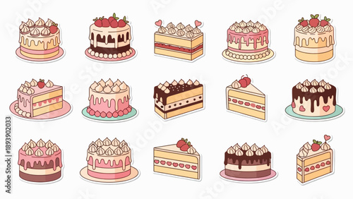 Delicious assortment of cartoon cakes and cake slices with frosting and strawberries, vector illustration.