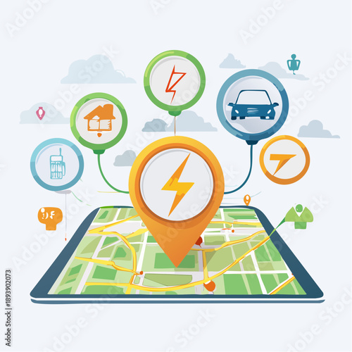 Electric vehicle charging map concept with location pins and icons, flat vector layout, navigation illustration
