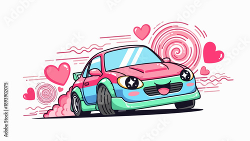 Dynamic cartoon sports car with pink and blue accents drifting with smoke and hearts, vibrant illustration.
