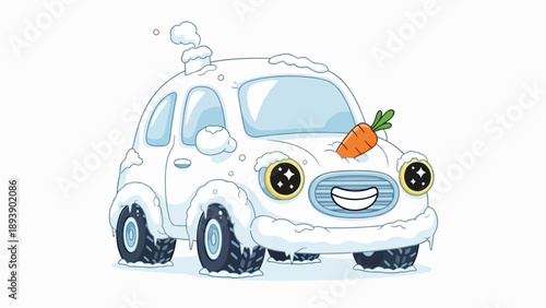 Adorable cartoon car made of snow with a carrot nose and starry eyes, covered in winter frost.
